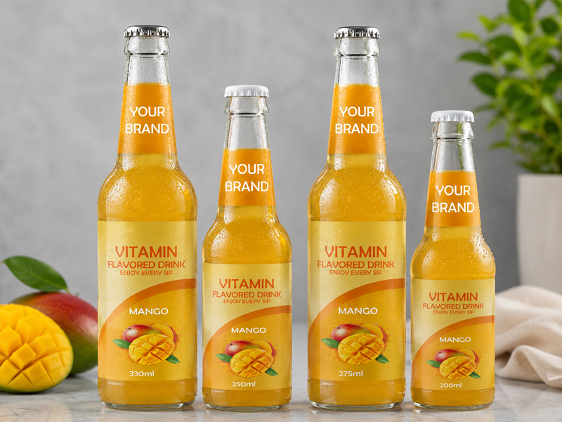 VITAMIN FLAVORED DRINK Mango flavour in 330ml, 250ml, 275ml, and 200ml glass bottles.